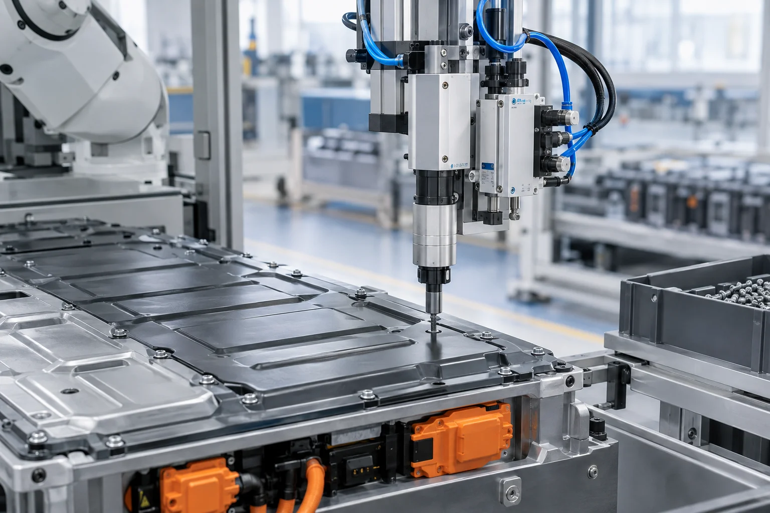 AI ilustrácia: Festo na stránke k Battery Show Europe 2026 v Stuttgarte uviedlo použitie CMAD pri automatizovanom odskrutkovaní batérií