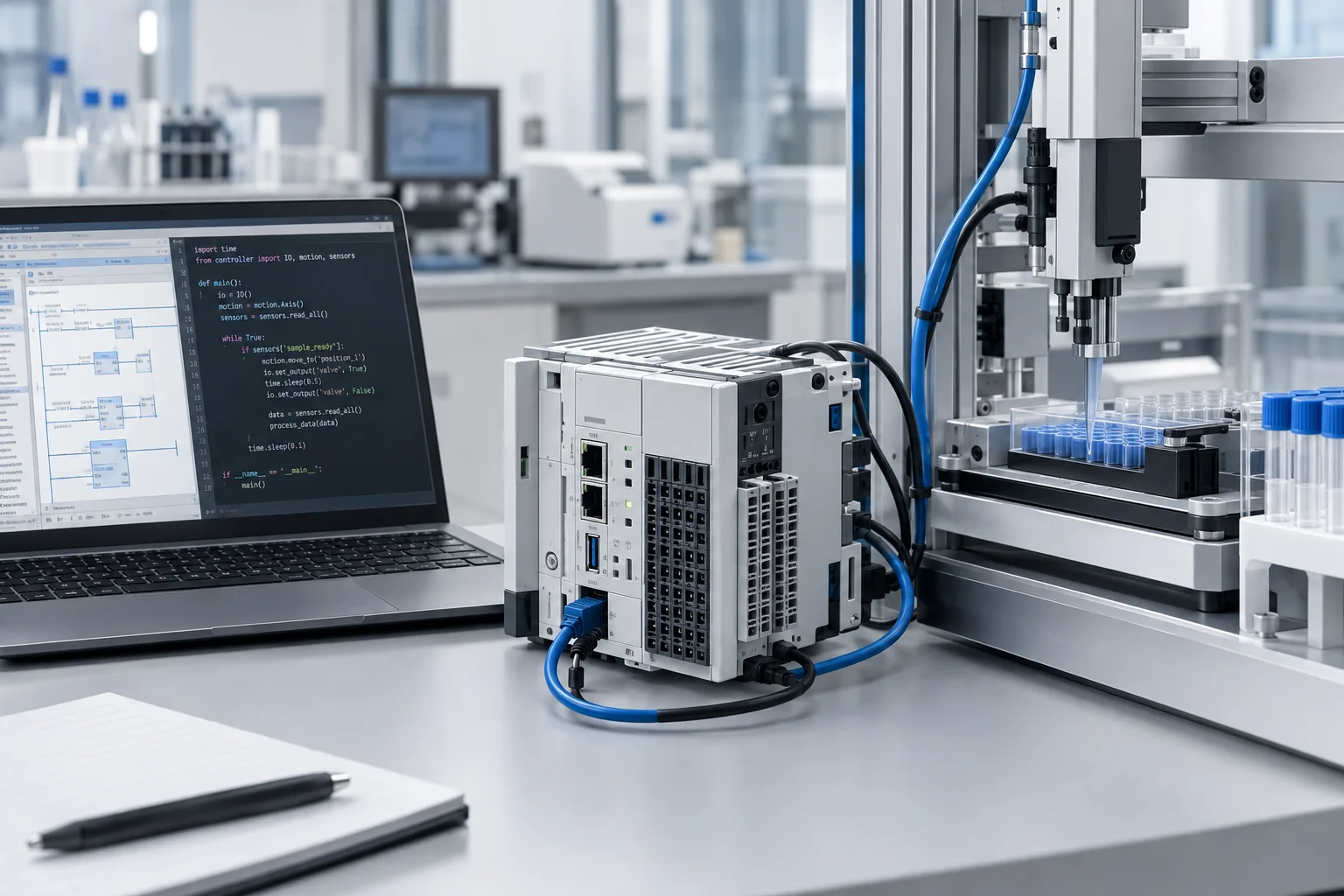 AI ilustrácia: Festo na Compamed 2026 predstavilo kontrolér CECC-AX pre laboratórne zariadenia s PLC aj Pythonom