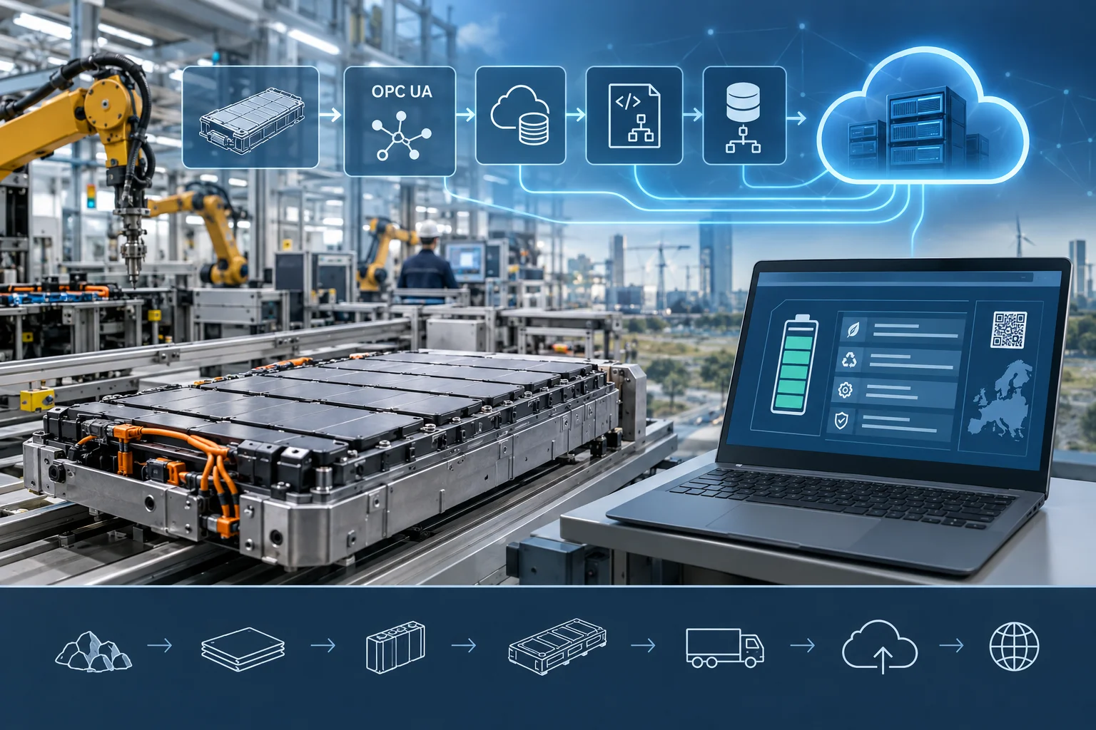 AI ilustrácia: OPC Foundation opísala na Hannover Messe 2026 demonštráciu digitálneho batériového pasu od výroby po cloud