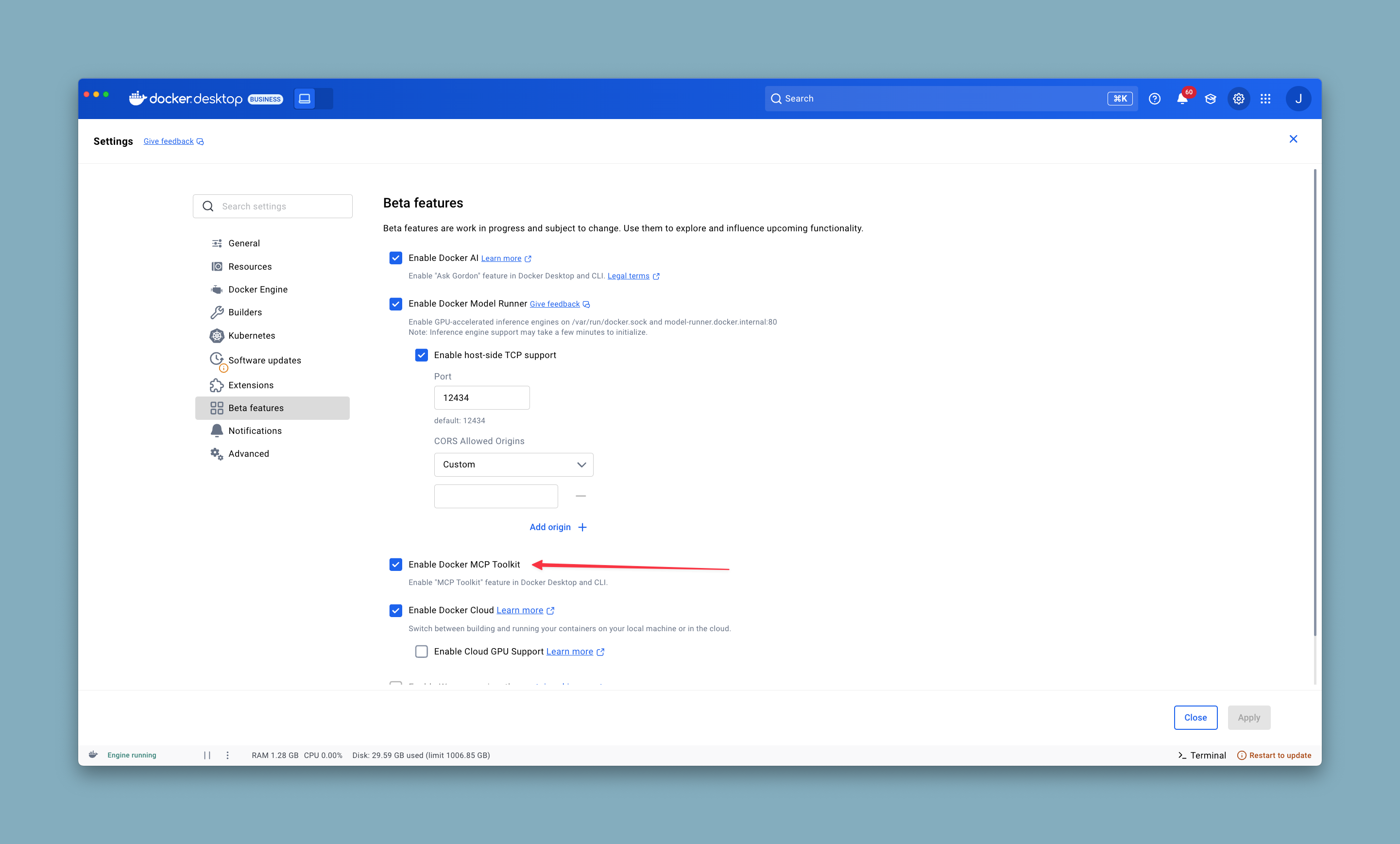 Pôvodná snímka nastavenia Docker MCP Toolkit.