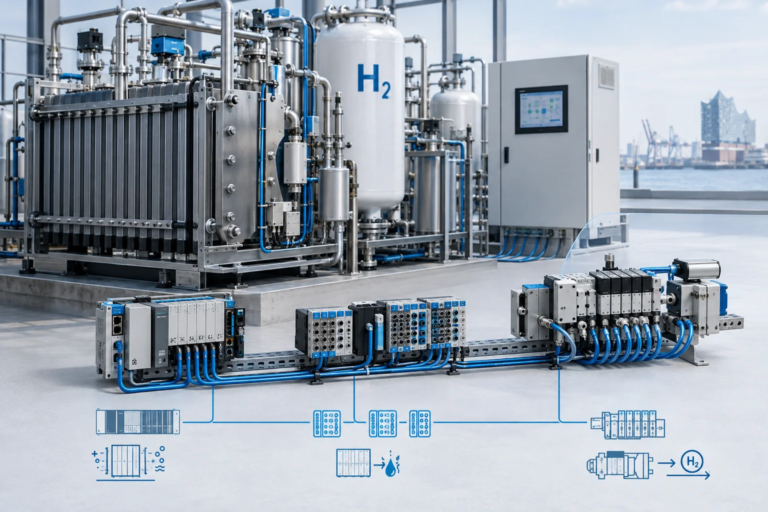 AI ilustrácia: Festo avizuje v Hamburgu ukážku automatizácie vodíkových zariadení s decentralizovaným I/O