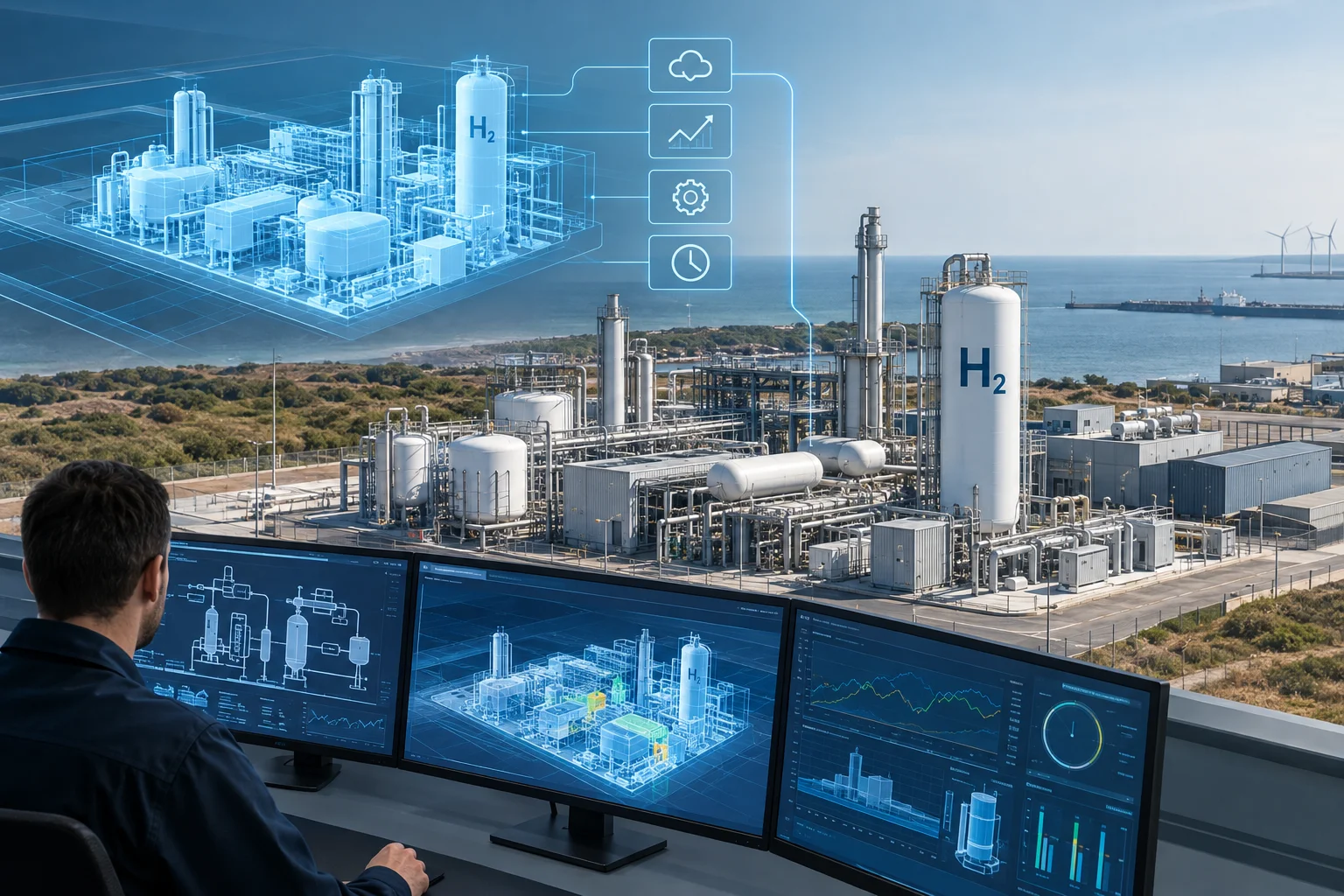 AI ilustrácia: Siemens oznámil digitalizáciu 100 MW vodíkového závodu GalpH2Park v portugalskom Sines