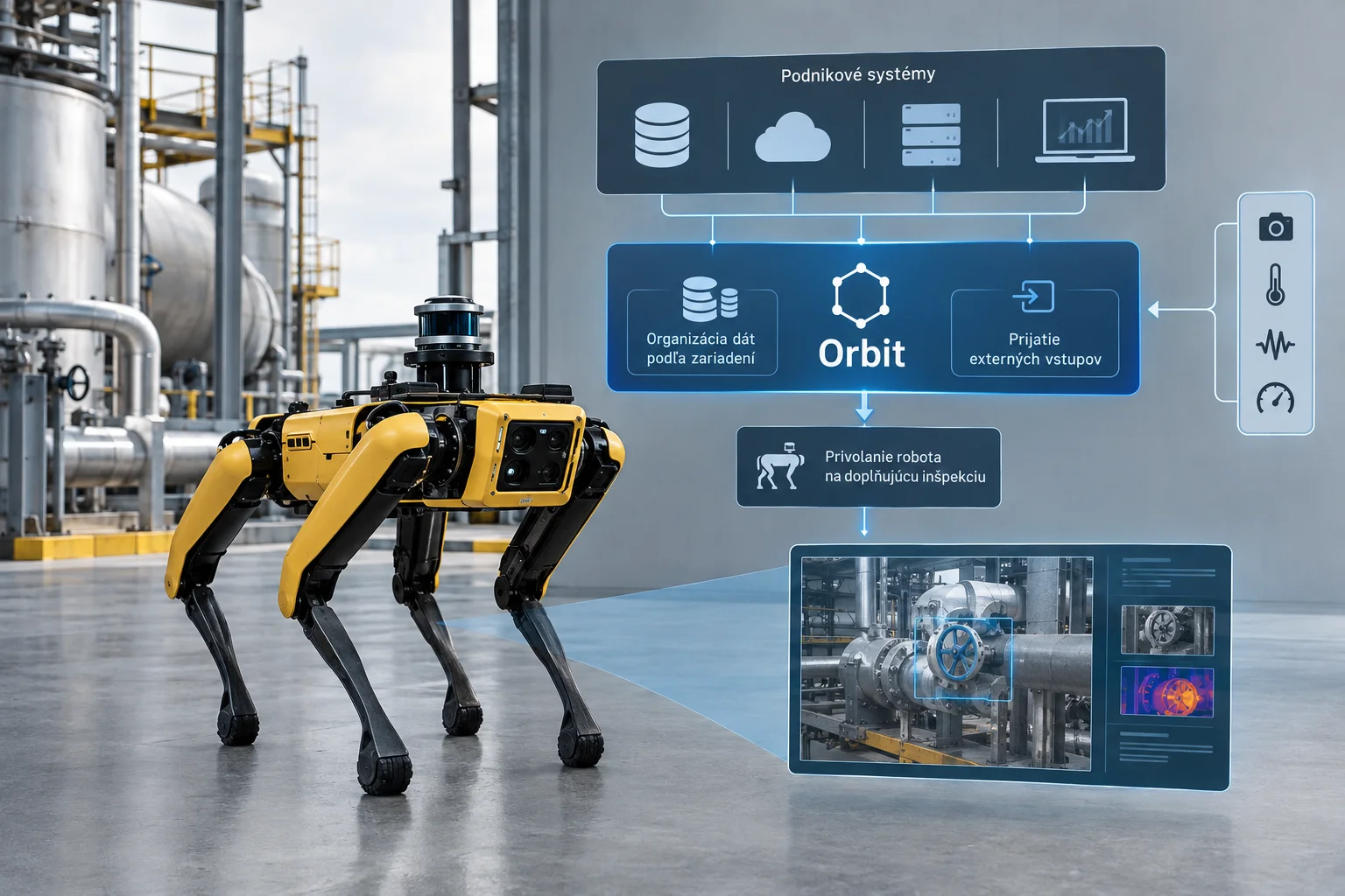 AI ilustrácia: Boston Dynamics opisuje Spot 5.2 a Orbit ako prepojovaciu vrstvu medzi podnikovými systémami a mobilným robotom